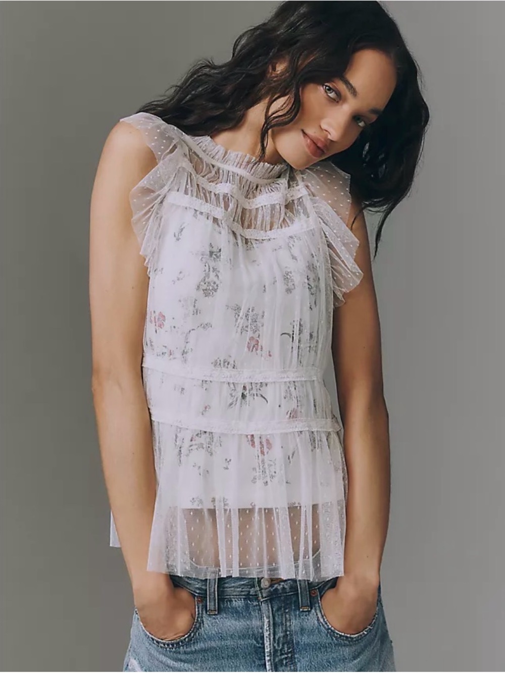 By Anthropologie Mesh Layered Printed Top